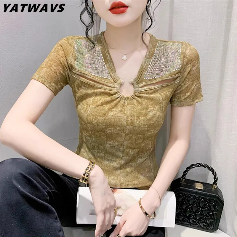 

Женская футболка с коротким рукавом и V-образным вырезом, лето 2023