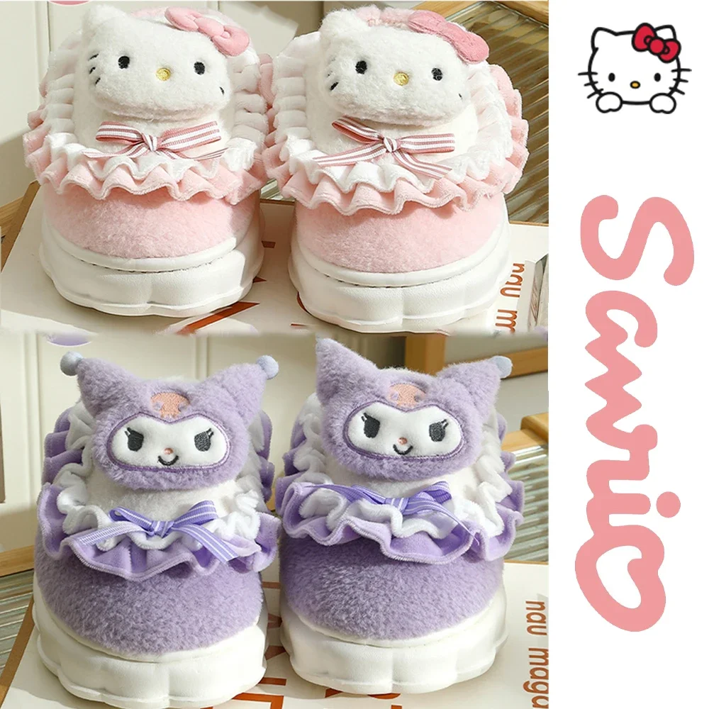 

Sanrio Anime Cotton Plush Slippers Hello Kitty Melody Kuromi Cinnamon Cartoon Durable Figures Keep Warm Indoors Kawaii Gift