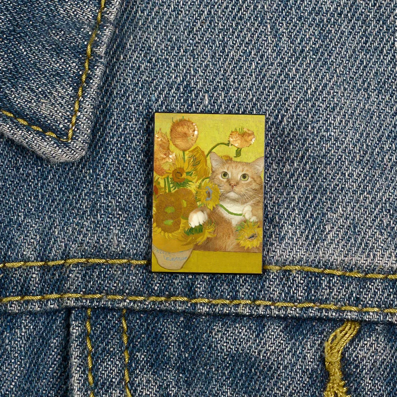 

Fashion Van Gogh Sunflowers cat Printed Pin vintage Brooches Shirt Lapel teacher Bag Cute Badge Cartoon pins for Lover Girl