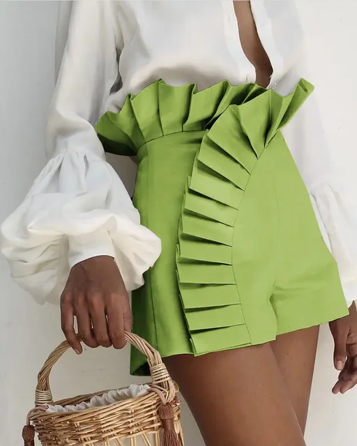 Sexy Fashion Women's Short Pant Summer 2023 Ruffle Hem Ruched High Waist Shorts Polyester Above Knee Plain Daily Clothes