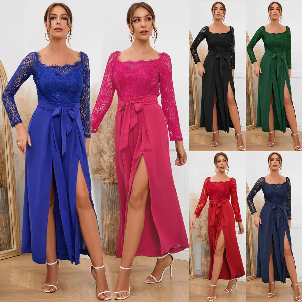 

LKF New Women's Jumpsuit Sexy Lace Long-sleeved Off-the-shoulder Swing Belt Loose Split Wide-leg Trousers Fashion Commuting