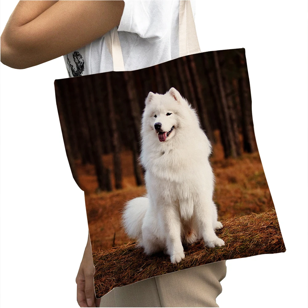 

Повседневная сумка для покупок с изображением милой белой собаки, красивые вместительные сумки для покупок с животными, холщовая мультяшна...