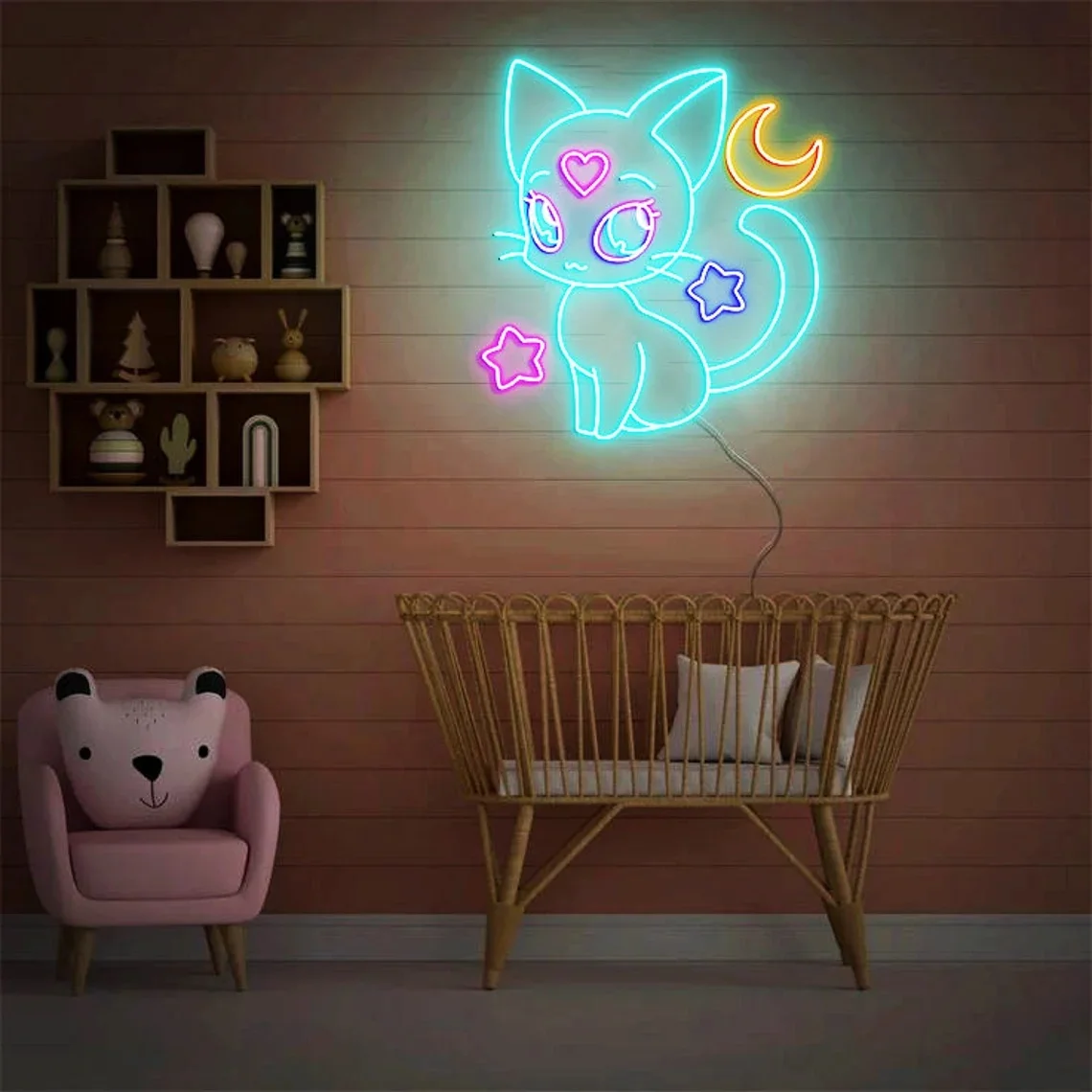 Неоновая вывеска в виде кошки с Луной и звездами Настенный декор для домашней