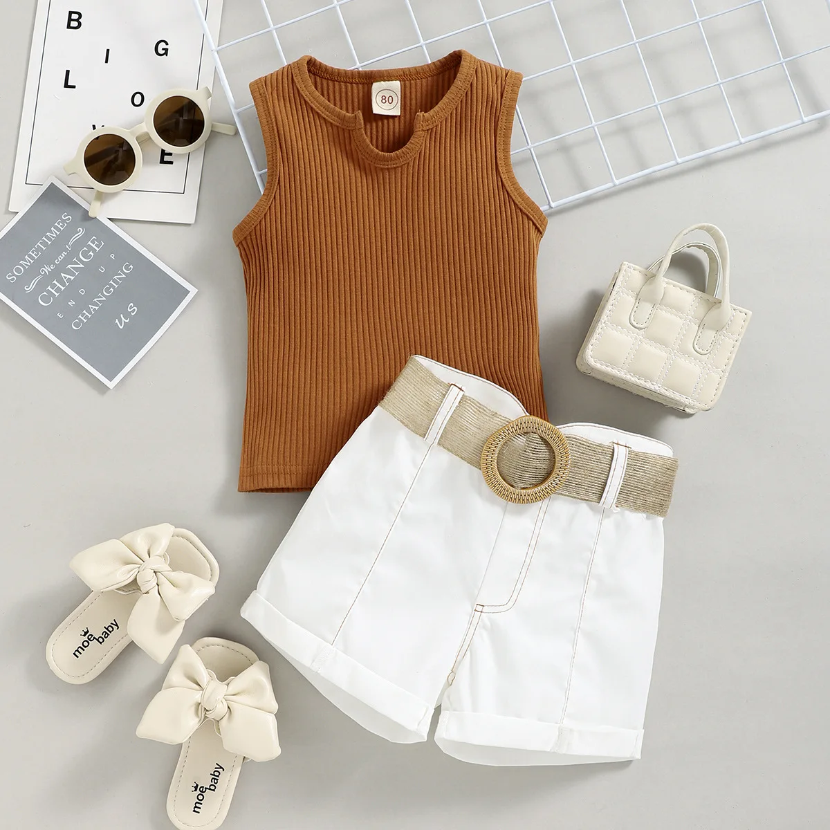 

Baby Girl Clothes Summer Children's T-Shirt Cotton Women's Round Neck Cotton Vest + Belt Shorts Two-piece Set
