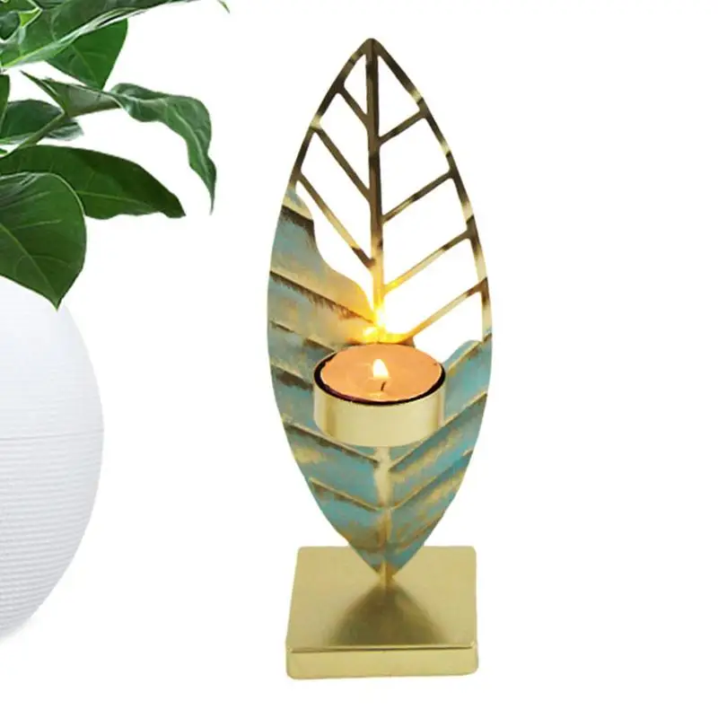 Metal Candlestick Stand Blue Leaf Shape Decorative Retro Candle Stand Universal Candlestick For Candlelight Dinner Portable