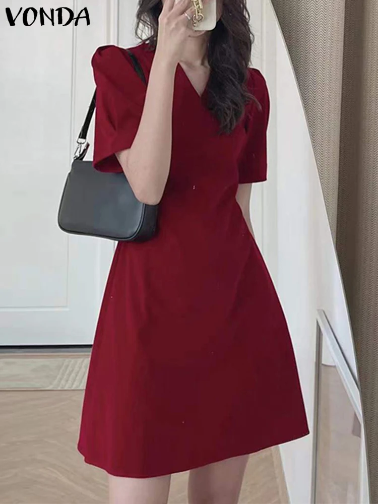 

VONDA Women's Fashion Mini Dress Summer Bohemian Short Puff Sleeve Sexy V Neck Holiday Dress Casual Pleated Party Vestidos Beach