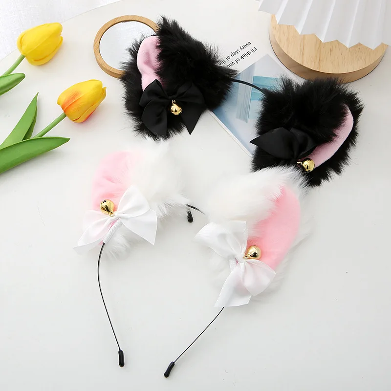

Cute Cat Ears Hair Hoop Female Gold Bell Headwear Prom Maid Cosplay Party Head Band Plush Hair Accessories12cm Black White 2022