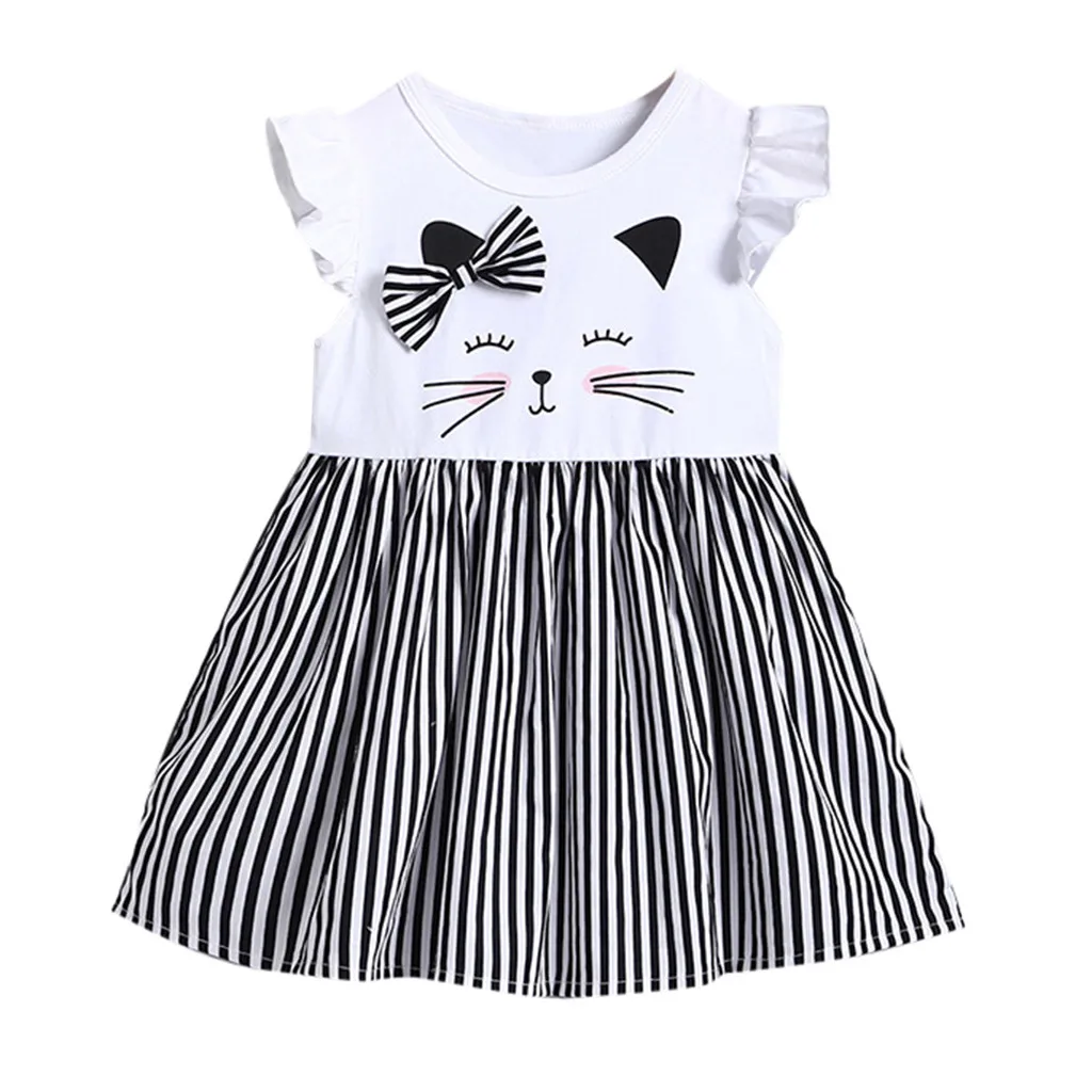 

0~3Year Toddler Kid Baby Girl Sleeveless Cat Printed Striped Princess Dress White Black Clothes Summer Newborn Infant Baby Dress