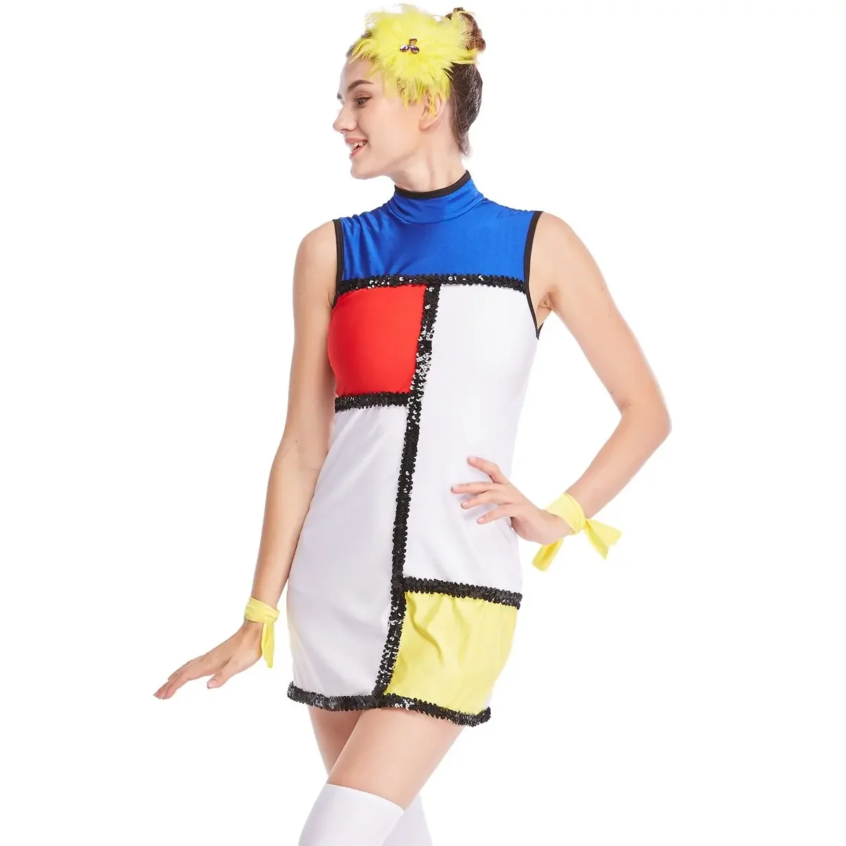 MiDee Mondrien Style Dress Color-block Twill Shift Jazz Costume Dance Performance Wear Stage Clothes