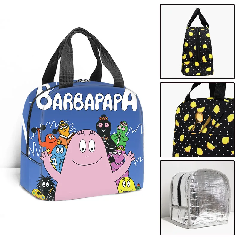 Cartoon Barbapapa Portable Cooler Lunch Bag Cute Student Thermal Insulated Food Bag Travel Picnic Lunch Box for Men Women Kids