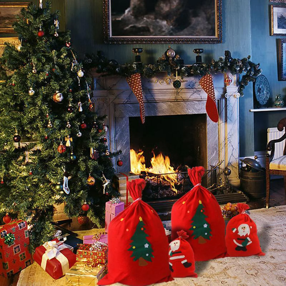 

Christmas Santa Claus Sack Stocking Christmas Tree Pattern Large Red Xmas Gift Present Bag Home Party Festive Decor Supplies