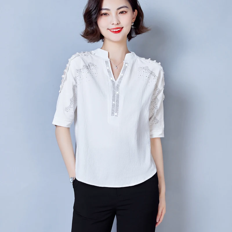 

2022 Summer New Design V-Neck Women Clothing White Black Color Short Sleeve Casual Shirts Hong Kong Style Vintage Blouses