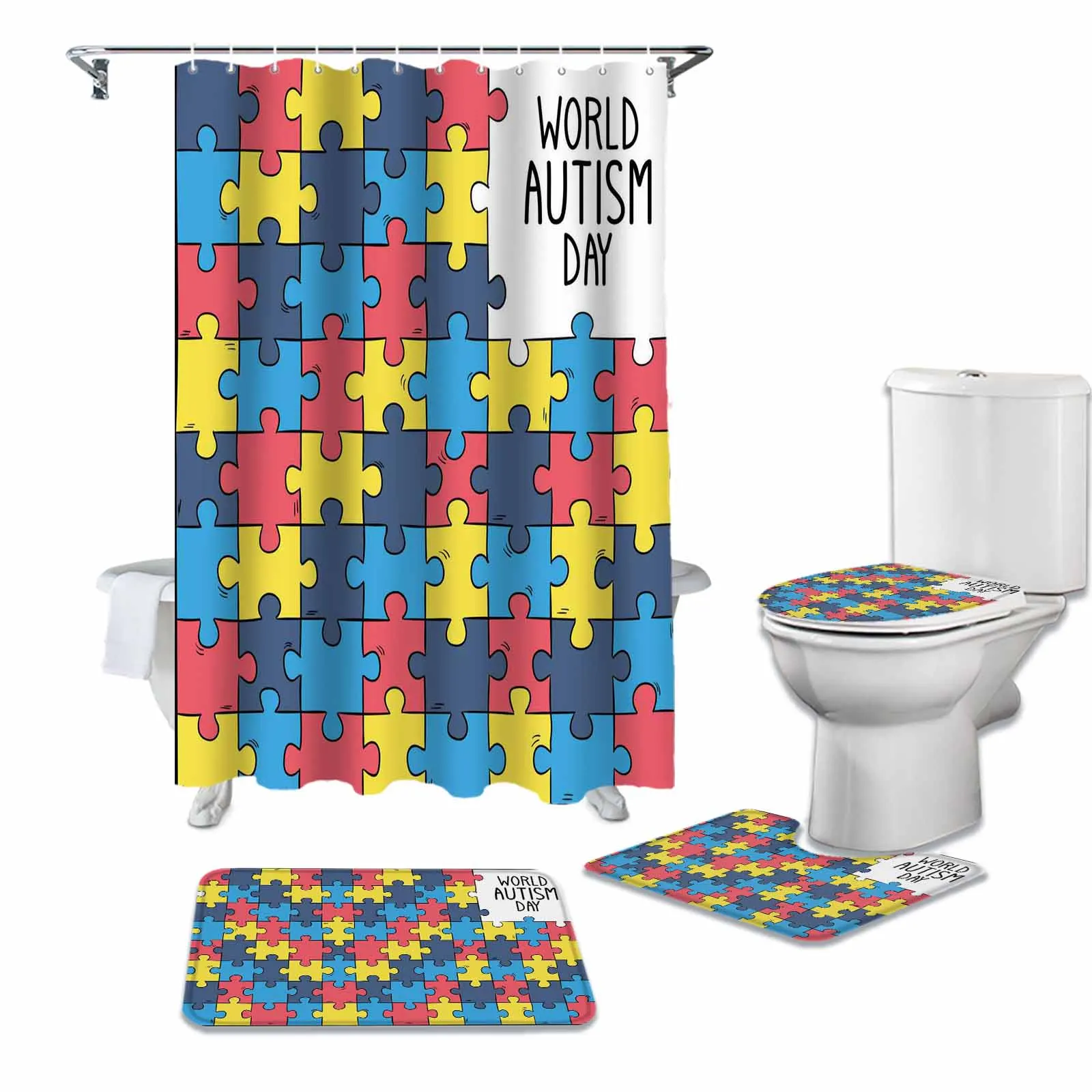

Autism Puzzle Pieces Inspiration Shower Curtain Sets Bath Mats Rugs Toilet Cover Bathroom Decor Bathroom Set Shower Curtains