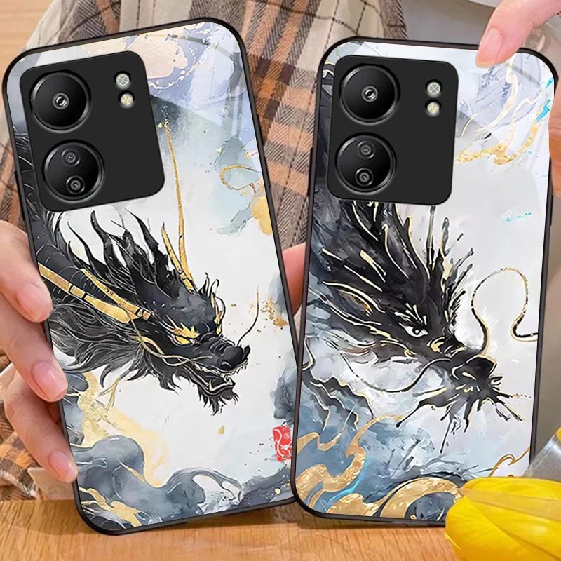 Китайский лонг-мультфильм для Xiaomi Redmi 13C Note 13 12 Pro Plus 5G 9 13T POCO X6 F5 F6 черный чехол