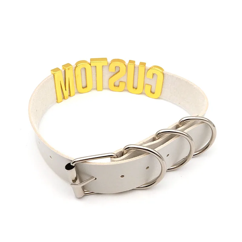 30MM Punk Gold Letters Soft White PU Leather Collars Customized Slave Choker Necklace Sexy Belt BDSM Sex Cosplay Party Jewelry