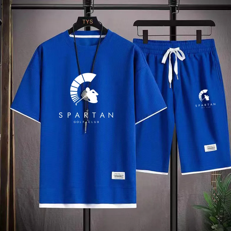 Spartangolfclub Summer Men's 2-Piece Top +Shorts Sportswear Fashion Printing Loose Harajuku Style Street Apparel Casual Golf Set