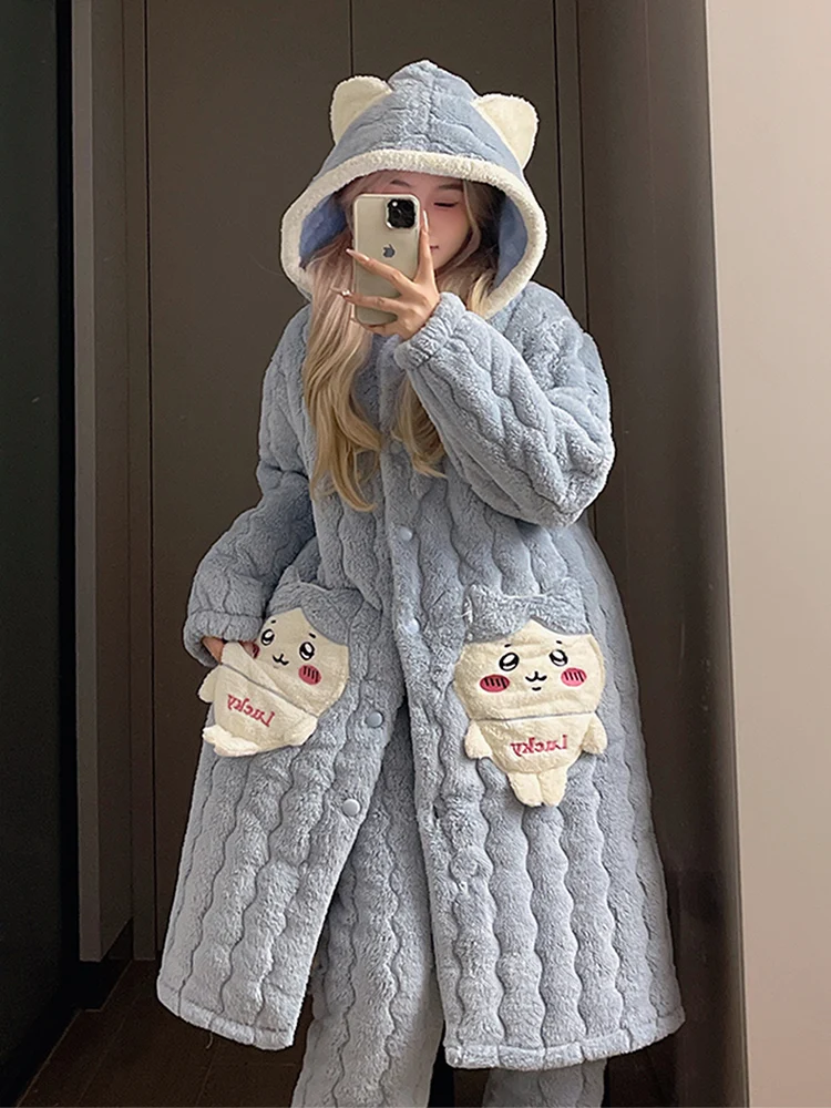 Coral Fleece Pajamas Nightgown Women Autumn and Winter Three-Layer Quilted Thickened Plus size Flannel Can Be Worn outside Ho...