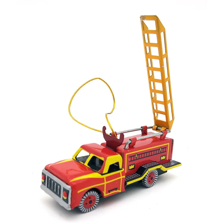 

[Funny] Adult Collection Retro Wind up toy Metal Tin fire truck scaling ladder car pendant Clockwork toy model vintage toy gift