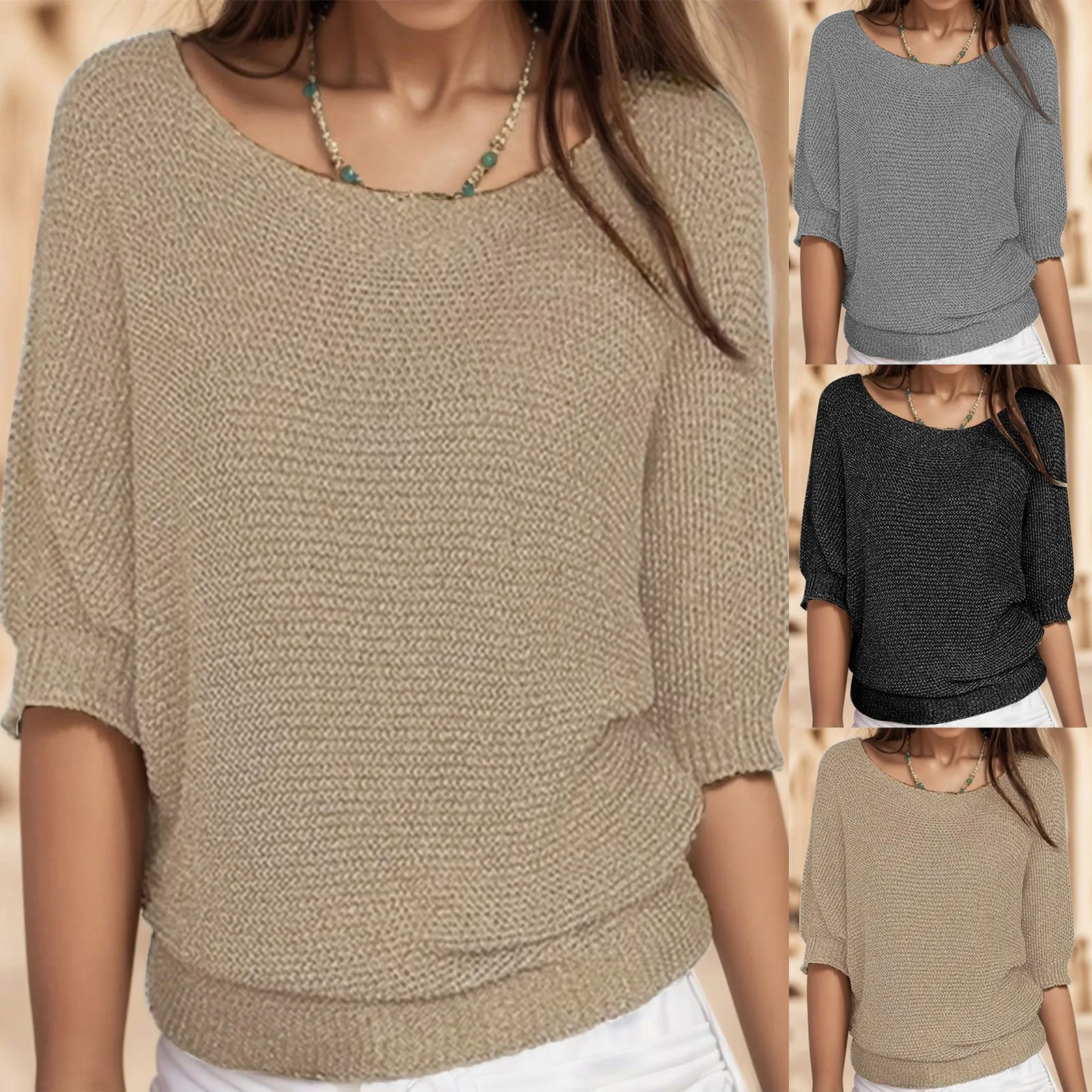 

spring new border european and american style solid color round neck knitwear women's elegant 3/4 sleeve top air mens over