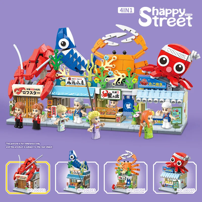 

Japan City street view building block Seafood Takoyaki Octopus Crab Lobster Restaurant bricks figures toys for kids gifts