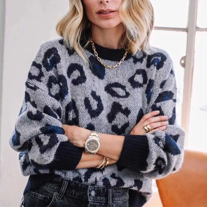 

Женский винтажный жаккардовый свитер с леопардовым принтом, трикотажный пуловер с круглым вырезом и длинным рукавом, топы
