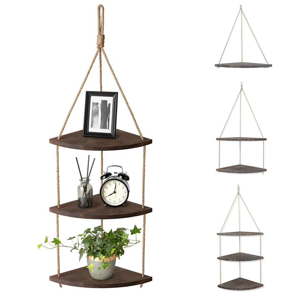 

1/2/3 Layers Retro Rope Wood Hanging Rack Corner Wall Shelf House Storage Organizer Ladder Floating
