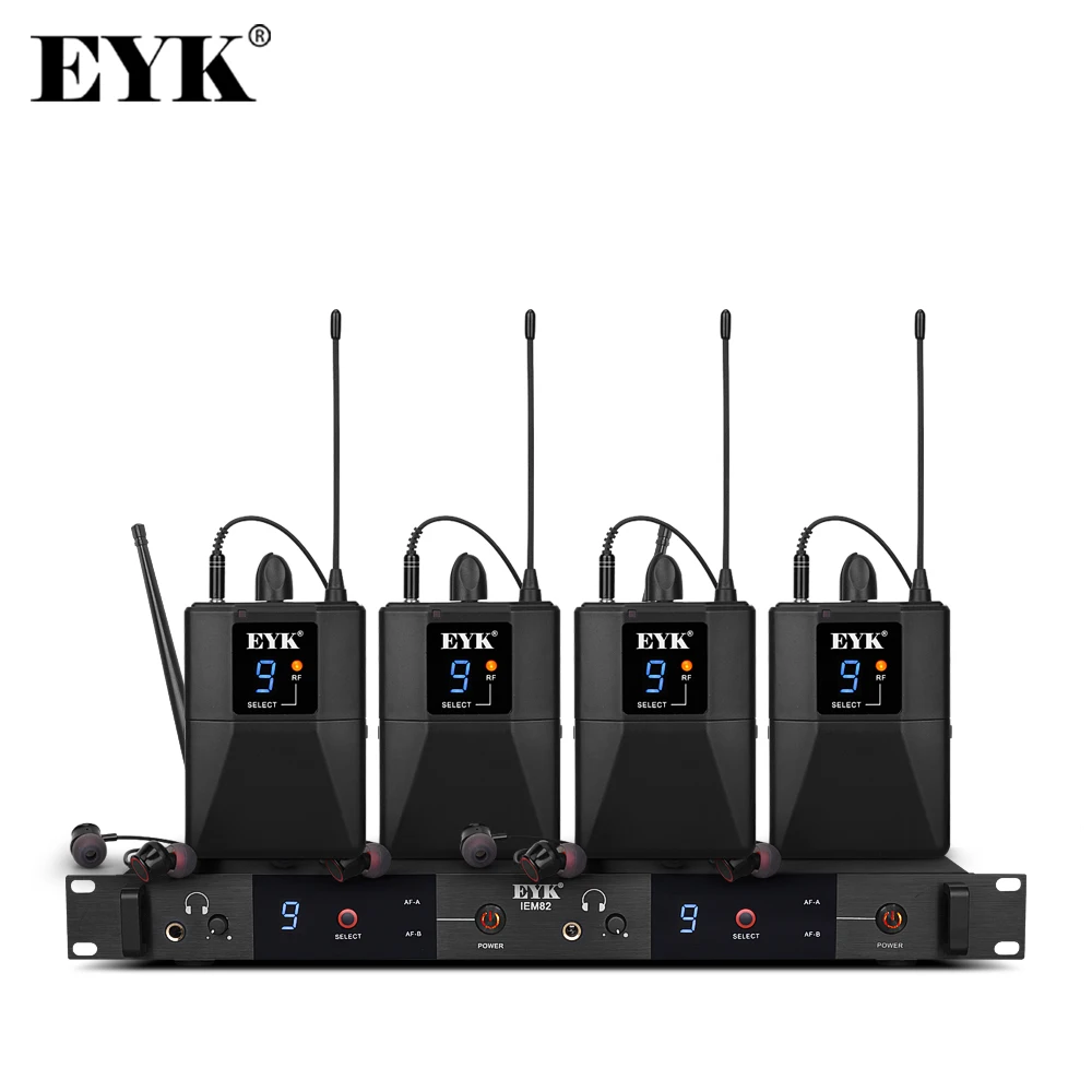 EYK IEM82 Dual Channels In Ear Monitor Wireless System 4 Bodypacks UHF 16 Frequencies Selecable for Stage Performance Band DJ