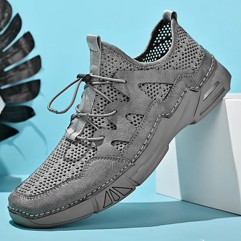 

Summer Mesh Breathable Men's Casual Shoes Handmade Leather Elastic Band Men's Shoes Large Size 38-46 Men's Outdoor Shoes