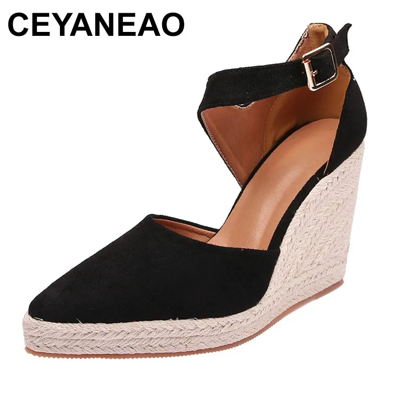 

Элегантные сандалии на танкетке, туфли с острым носком, женские туфли-лодочки на каблуке с ремешком из пеньковой веревки, удобные сандалии, ...