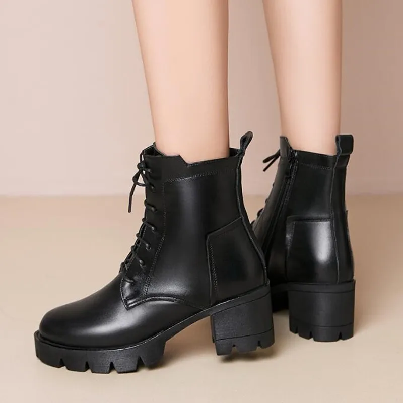 AIYUQI Winter Boots Women 2023 New Ladies Ankle Boots Genuine Leather Warm Wool Lace Up Motorcycle Boots Women