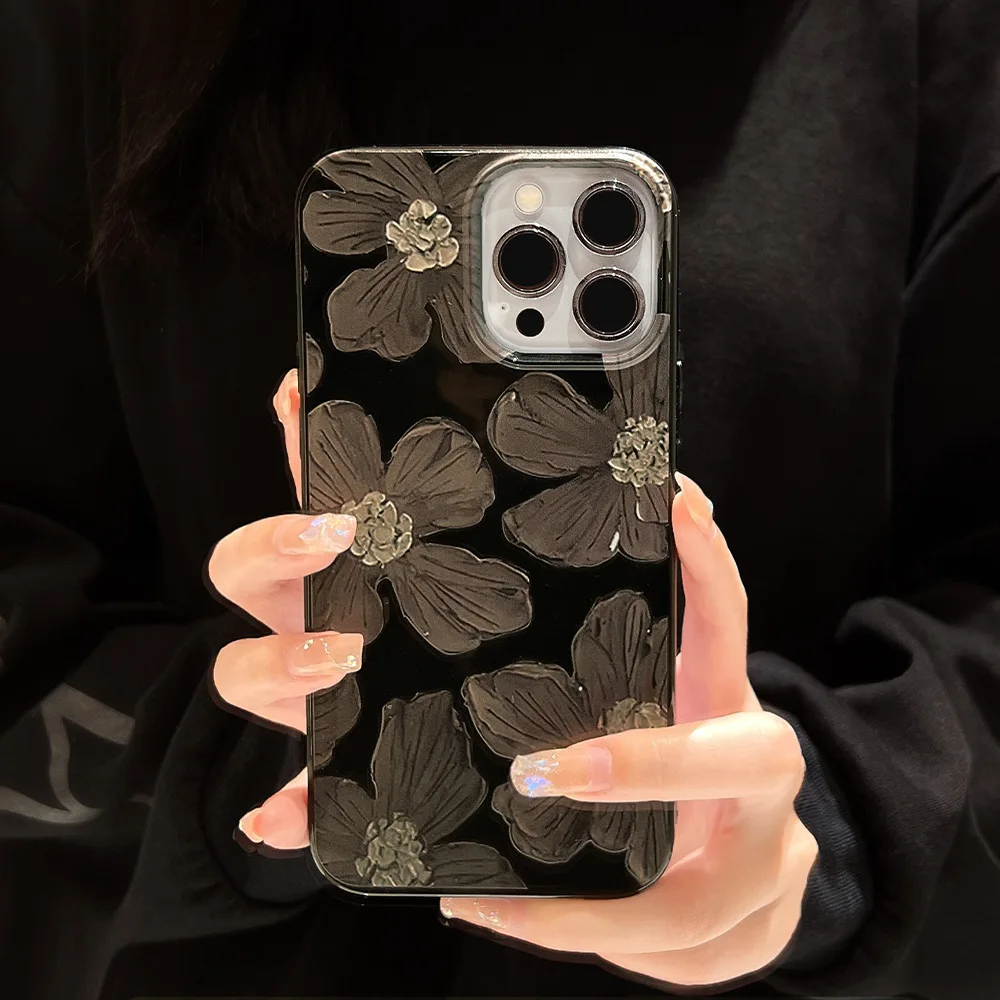 

Ins Искусство ретро картина маслом черные цветы чехол для телефона iPhone 14 13 12 11 Pro Xs Max X Xr 7 8 Puls Mini SE 2 милый мягкий чехол