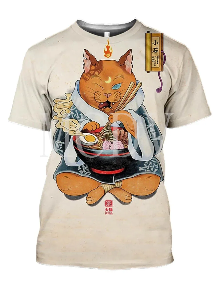 

2023 Summer Men's Printed Casual Crew Neck Short Sleeve T-ShirtJapanese Cat Tattoo 3D Printed T Shirt