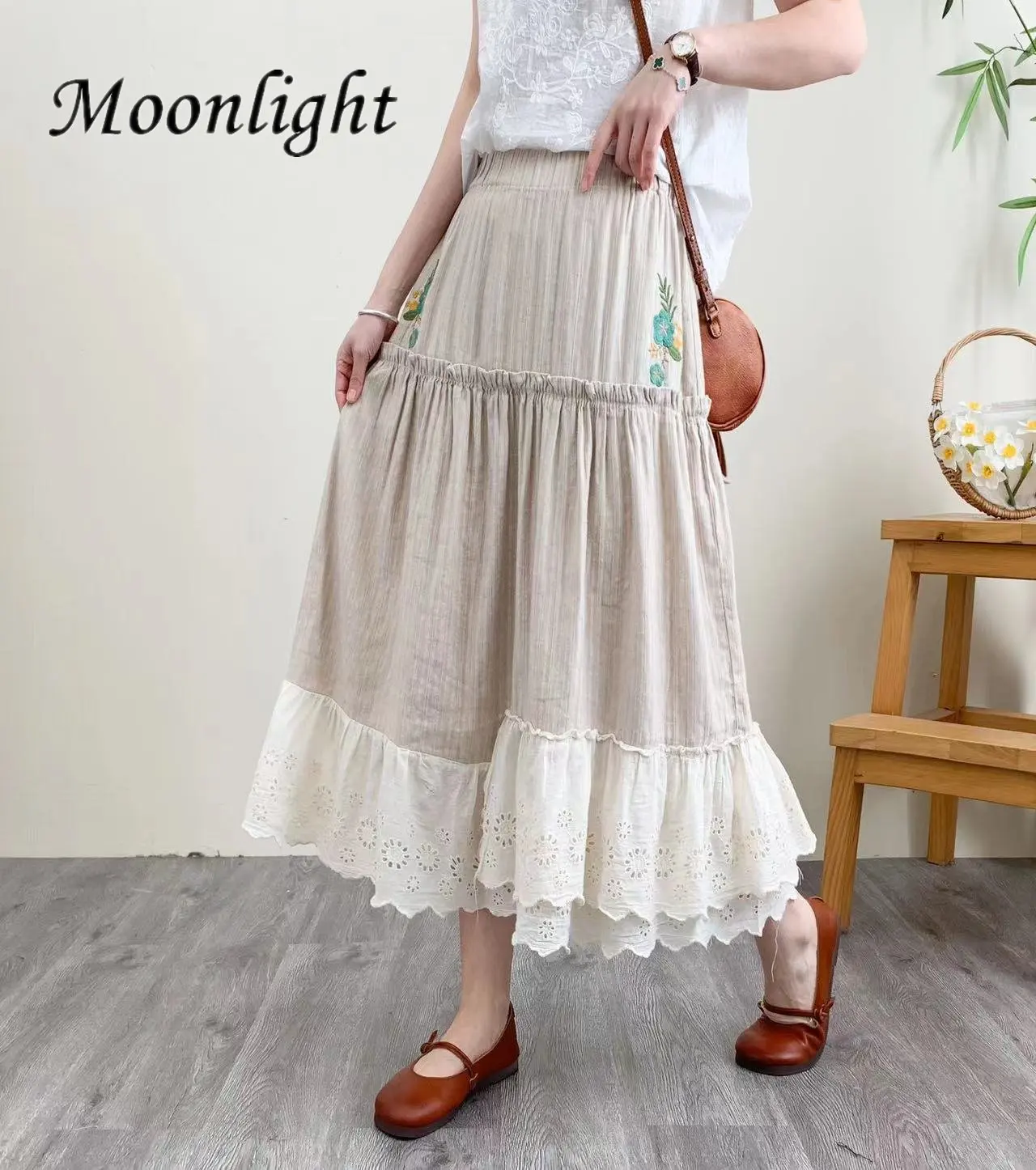

Cotton Linen Embroidery Skirt Women Vintage Mori Girl Japanese Lace Patchwork A -Line Skirt Fashion Elegant Pleated Falda Larga