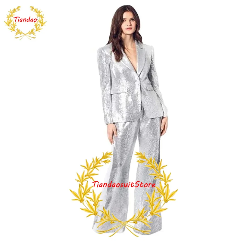 Women's Suit 2 Piece Wedding Tuxedo Sequin Jacket Pants Party Dress Formal Blazer for Lady بذلات بليزر نسائية