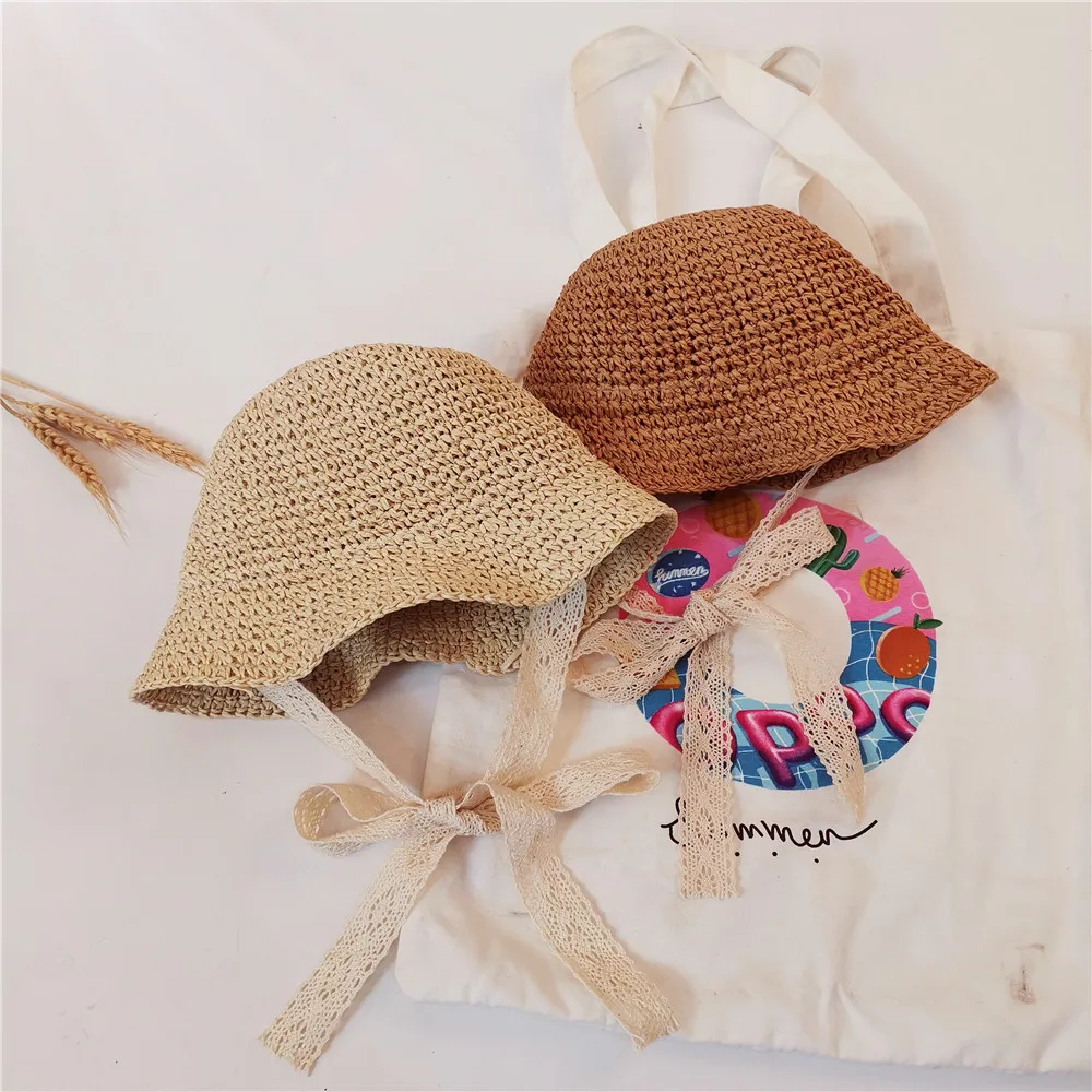 2021 Korean Hat Summer Handwoven Children's Fisherman Straw Hat Cute Baby Lace Bow Shade Hat enlarge