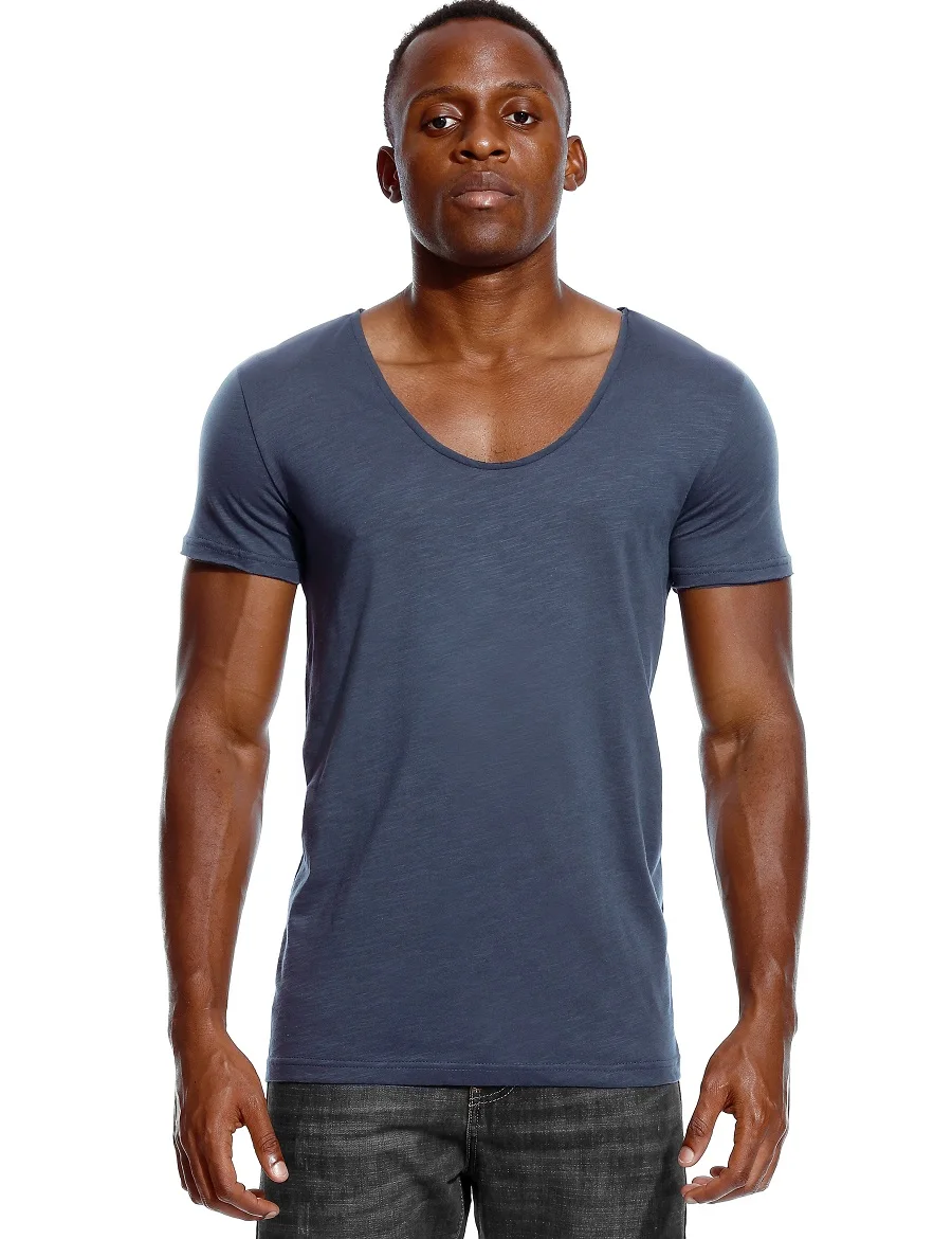 

T Shirt for Men Low Cut Vneck Wide Vee Top Tees Fashion Male Tshirt Invisible Undershirt Slim Fit Short Sleeve