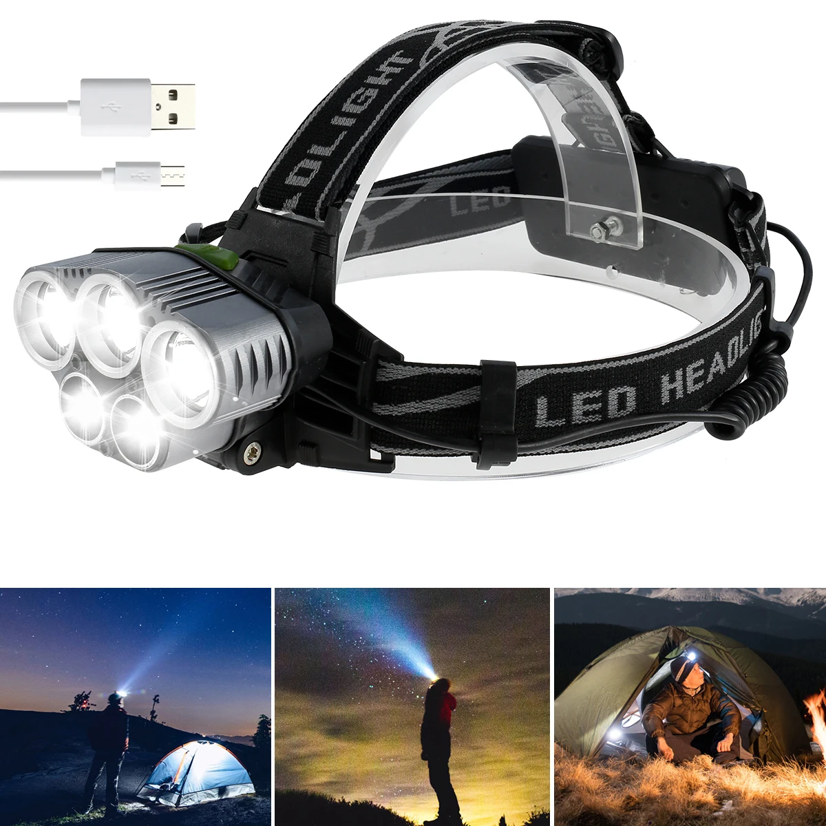 

5LEDs Headlamp 2200LM Headlight IPX5 Waterproof Head Torch Light 4400mAh USB Rechargeable Head Flashlight with 6 Lighting Modes