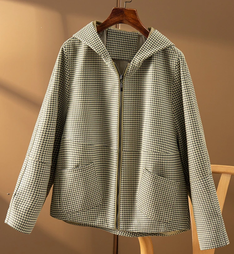 Luxury Sheepskin Leather Jacket Women High-quality  Pockets  Zipper Hooded All Season Casaco Feminino Inverno  Batwing Sleeve