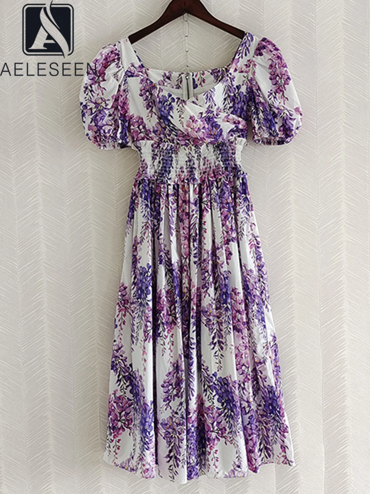 

AELESEEN Runway 2022 Summer 100% Cotton Sicilian Dress Women Purple Flowers Printed Puff Sleeve Elastic Waist Holiday Midi Satin