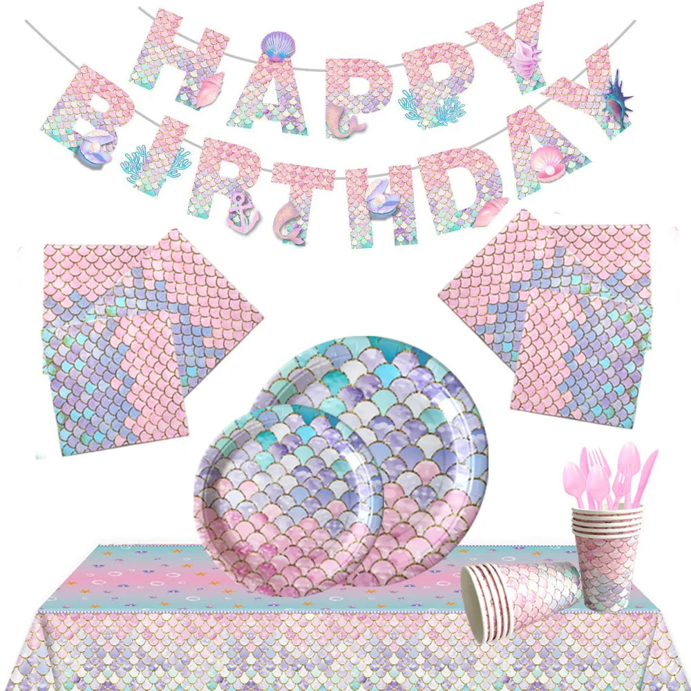 

Little Mermaid Party Disposable Tableware Set Paper Plates Cups Napkins for Girl Kids Mermaid Party Birthday Decoration Supplies