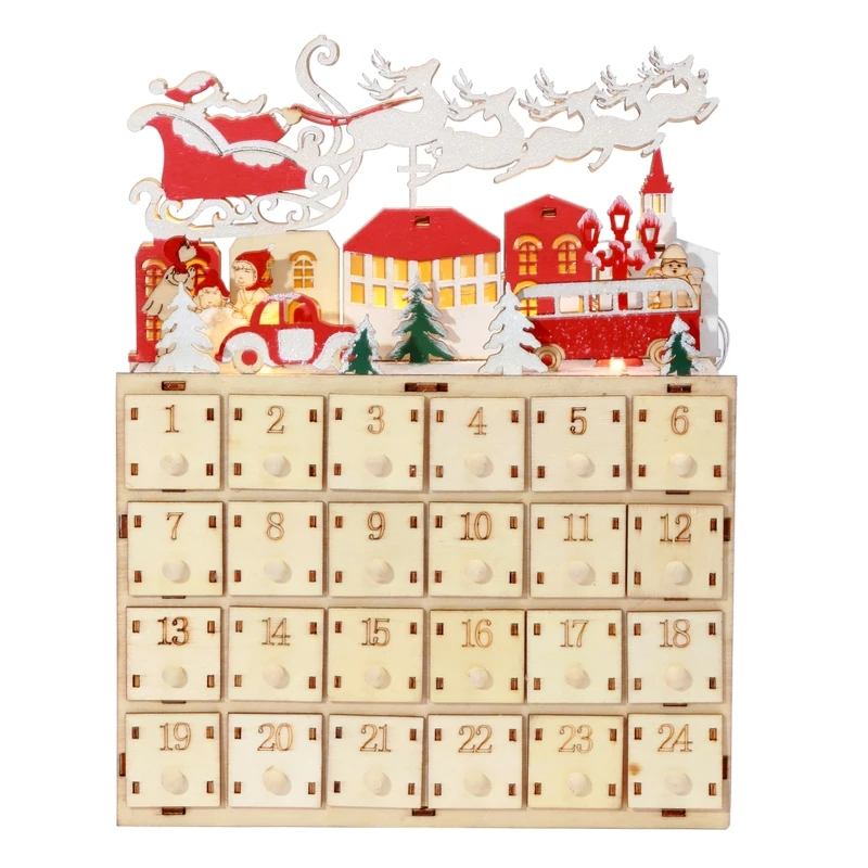 

Large Christmas Advent Calendar with Drawer and LED Light Countdown Christmas Decoration Plywood Material for Home Decor A0KE