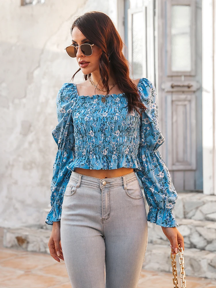 

Женский топ с длинными рукавами-трубами, повседневный пикантный топ с принтом «одно слово» и воротником-стойкой, с пупком и цветочным принт...