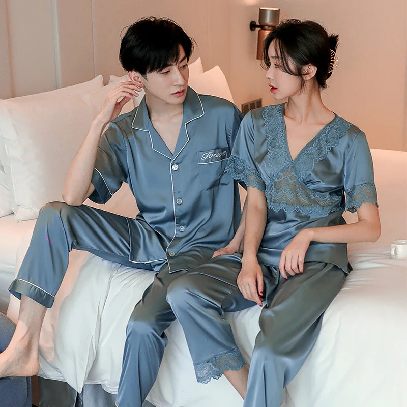 New Short Sleeve Satin Chiffon Silk Couple Pajamas Soft Men's Set Female Lace Sexy Ice Home Fur