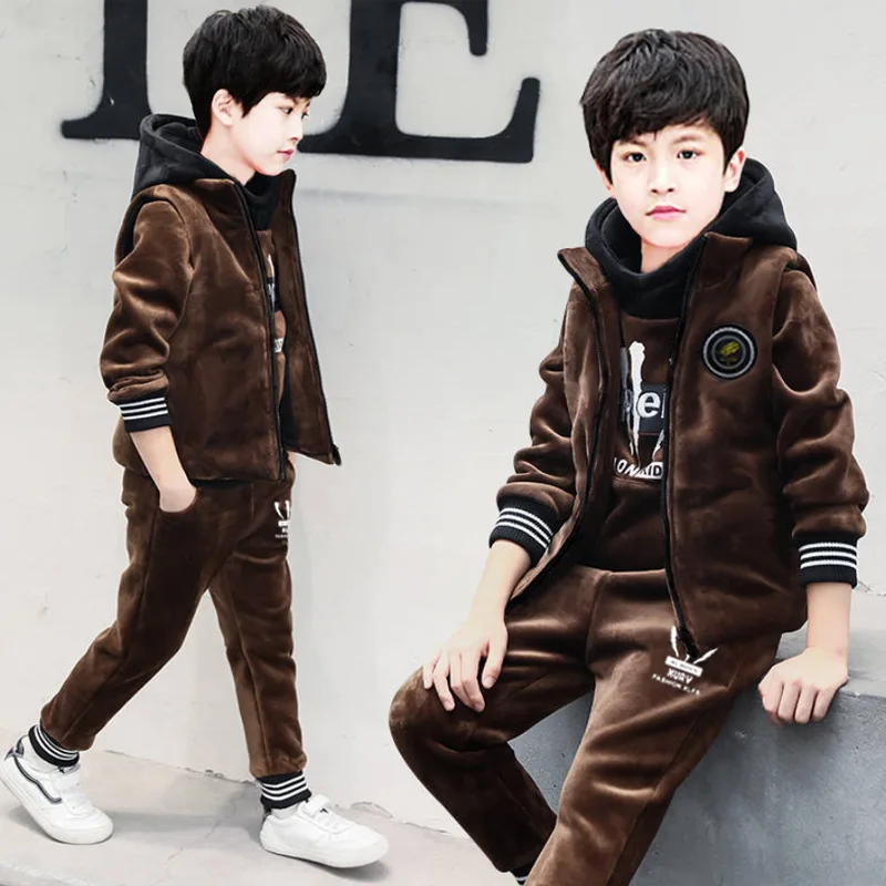 Boy Three-pieces  Fleece Suit  New Winter 2022 Children's Winter Velvet Vest Suits  Kids Clothes Boys