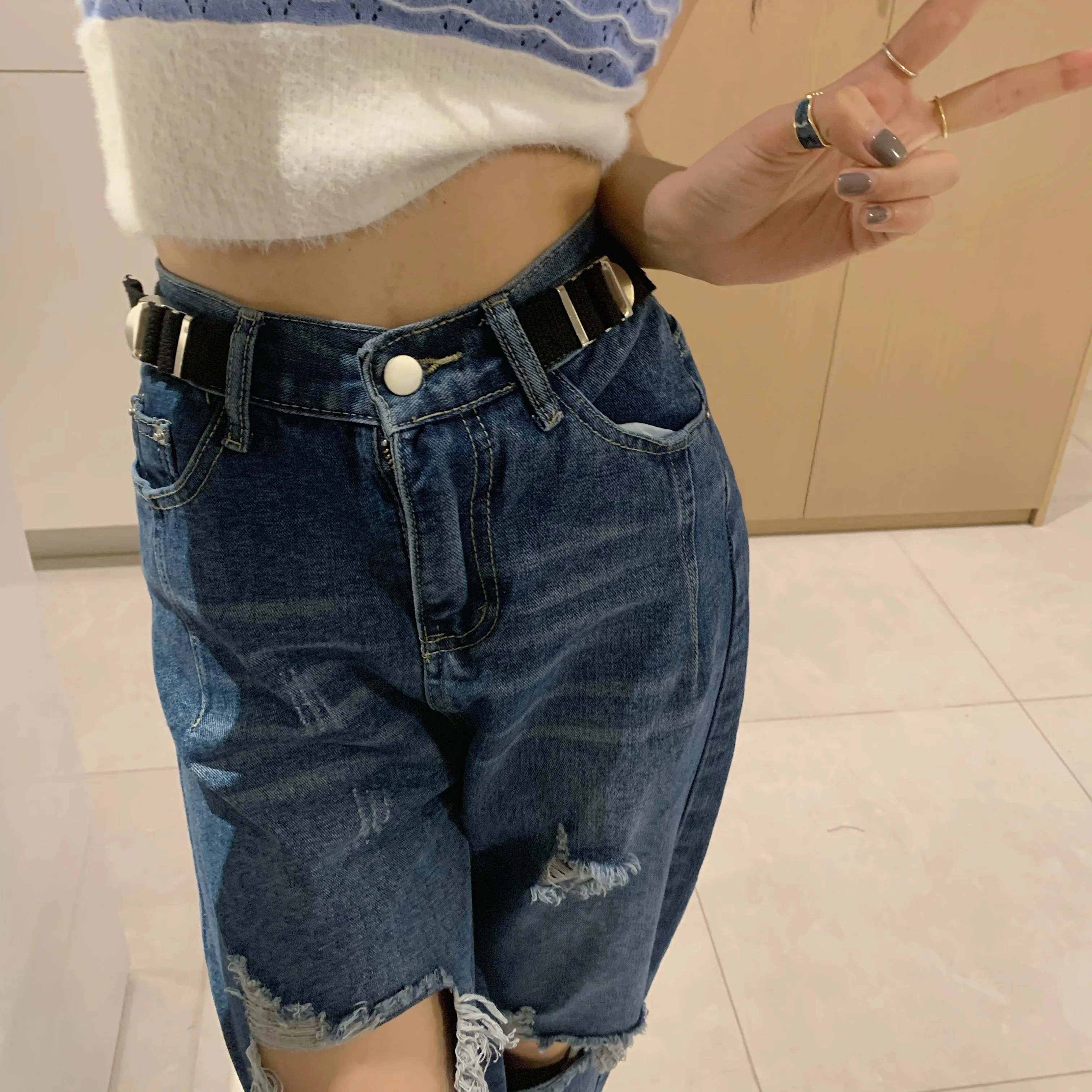 High Waisted Ripped Hole Jeans for Women Fashion Trends Gothic Streetwear Teenage Girl Punk Style Denim Pants Distressed Clothes