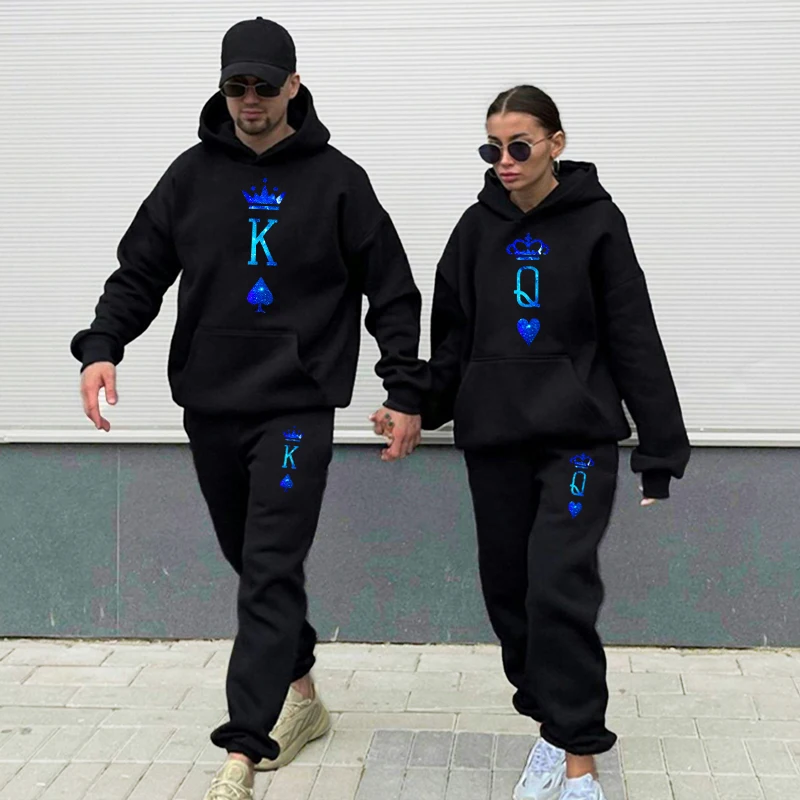 

KING QUEEN Hoodies Two-Piece Men Women's Sportswear Suit Loose Sports Wear Matching Couple Pullover Suit Hooded Sweater Suit