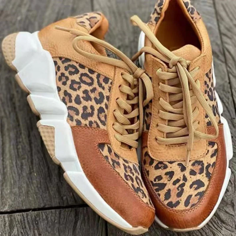 

Women 2022 Spring New Thick-sole Round Toe Low-top Leopard Print Singles Cross-large Stitching Lace-up Sneakers Chaussure Femme