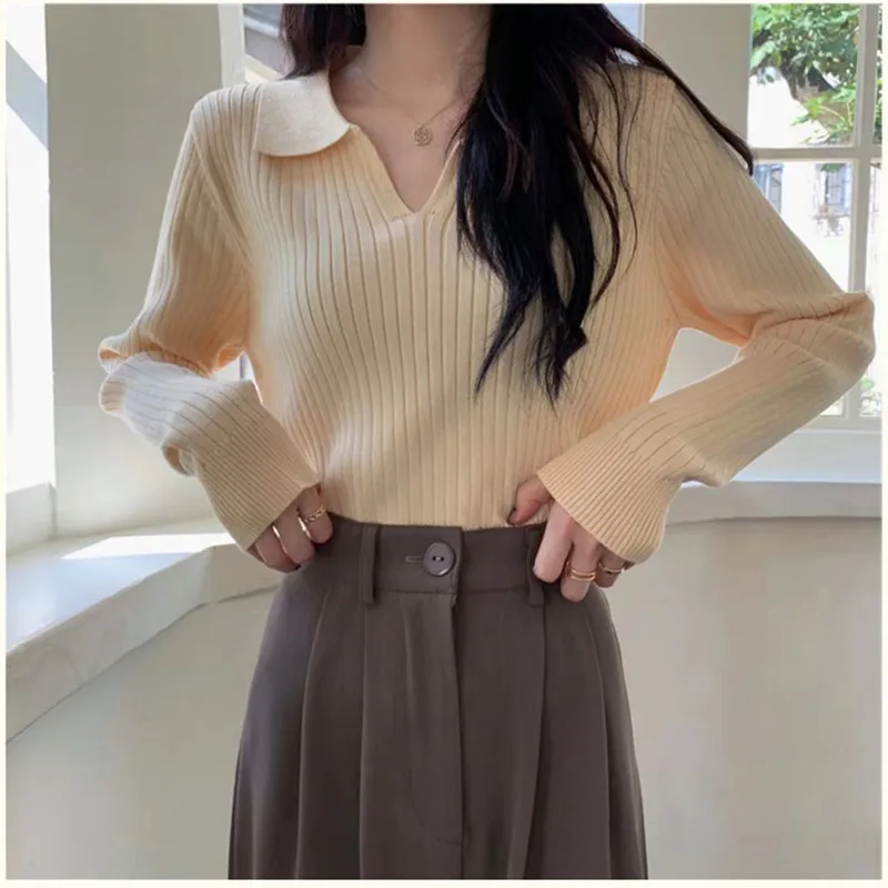 

Autumn Winter Fashion Woman Solid Stripe Casual Pullover Women's Loose Warm Sweater Knitted Top Soft Gentle Temperament
