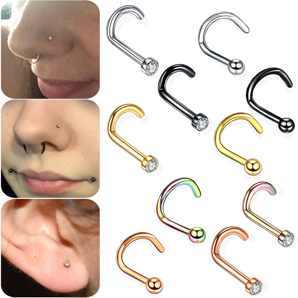 10pcs/lot G23 Titanium Gem Bone Nose Stud Nostril Piercings CZ 20G 18G Screw Stud Earring Nose Pircing Nariz 6MM Body Jewelry