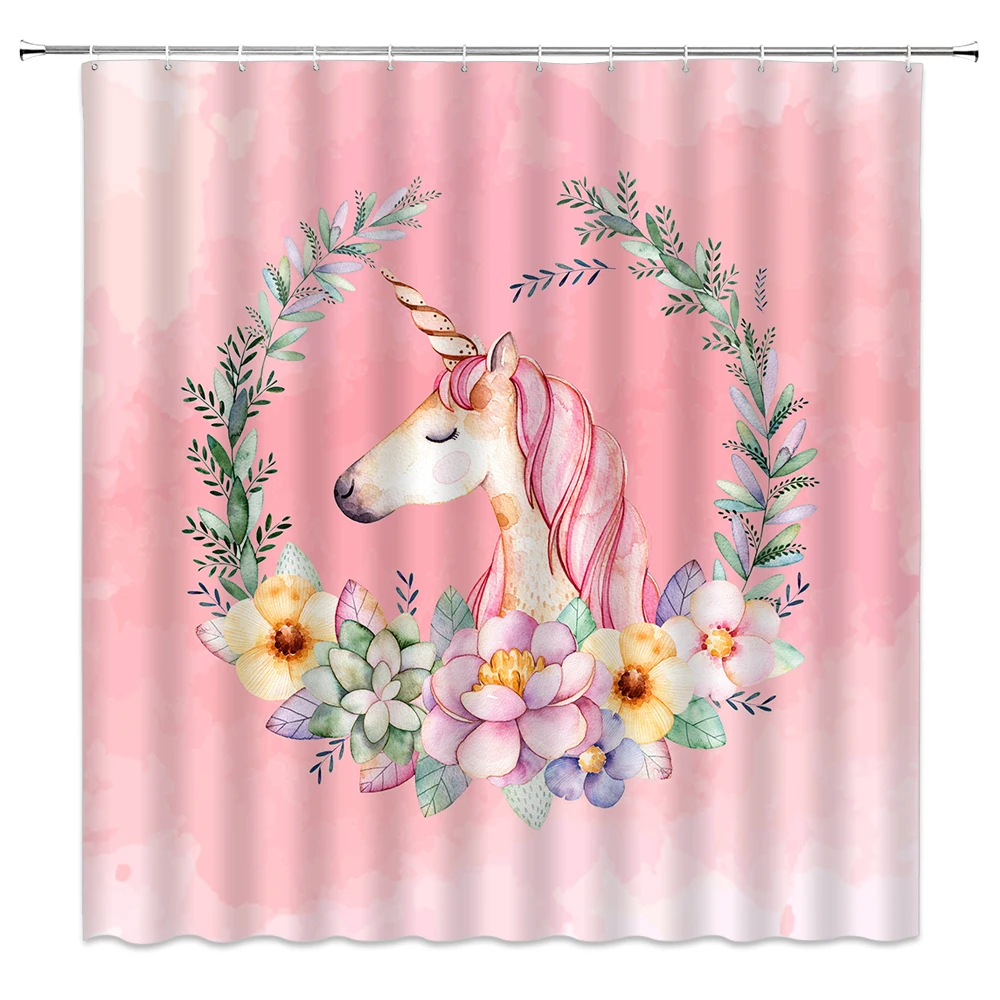 

Lovely Cartoons Animal Shower Curtains Pink Unicorn Pattern Waterproof Cloth Bathroom Waterproof Fabric with Hooks Bath Curtain